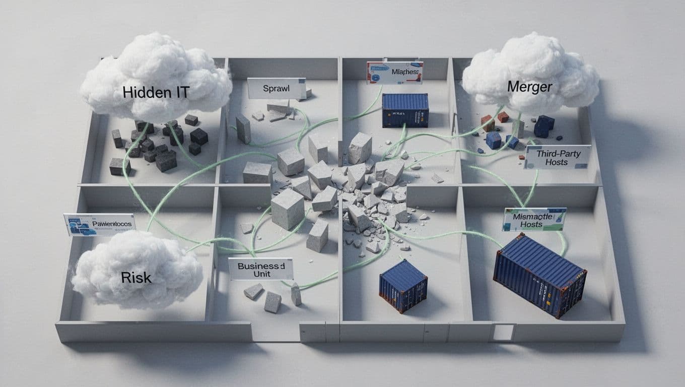 Overhead view of business silos divided by walls, connected by green risk lines, with shadow IT clouds, M&A symbols, inconsistent labels, and third-party host icons.