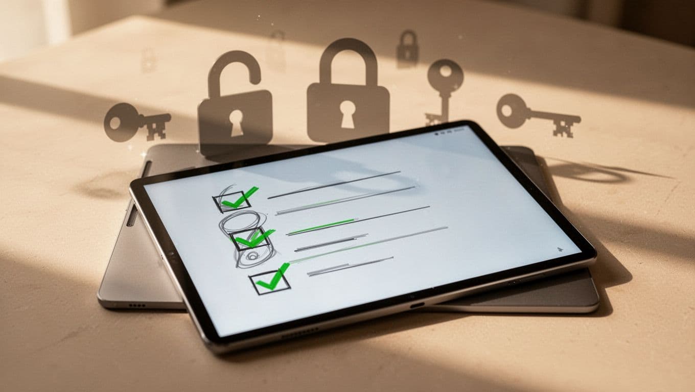 Tablet screen shows checklist with privilege icons and green ticks against subtle locks and keys background.