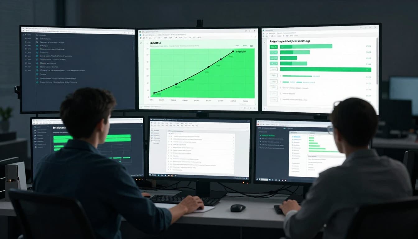 Security analyst at desk views audit log timeline and graph of unusual multi-location logins highlighted in green on dual monitors in dim office.