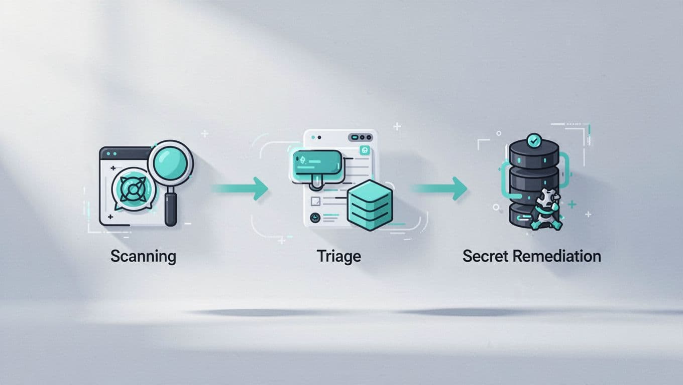 Workflow diagram shows scan, triage, and remediate steps for container registry secrets with icons connected by arrows and green accents.
