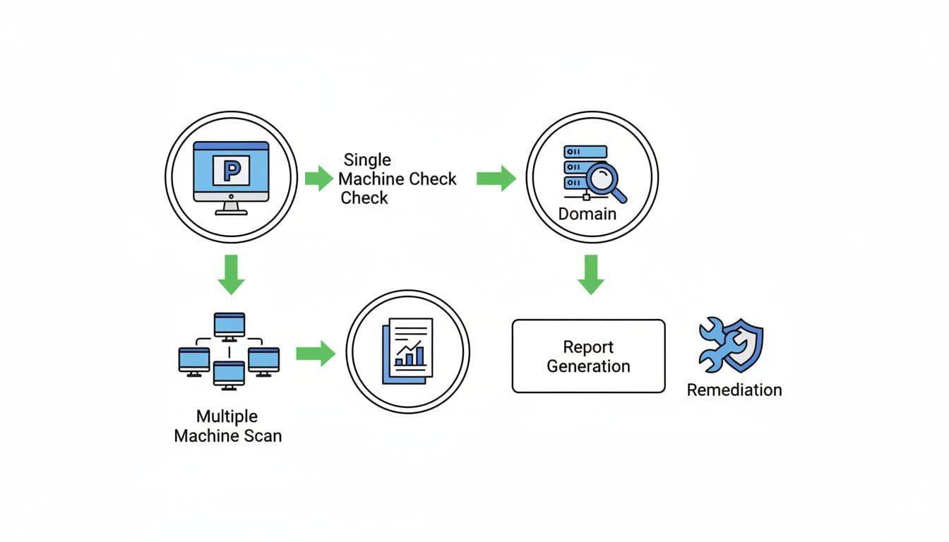 Flowchart of local admin rights audit process with PowerShell, domain query, and report icons connected by green arrows on whiteboard background.
