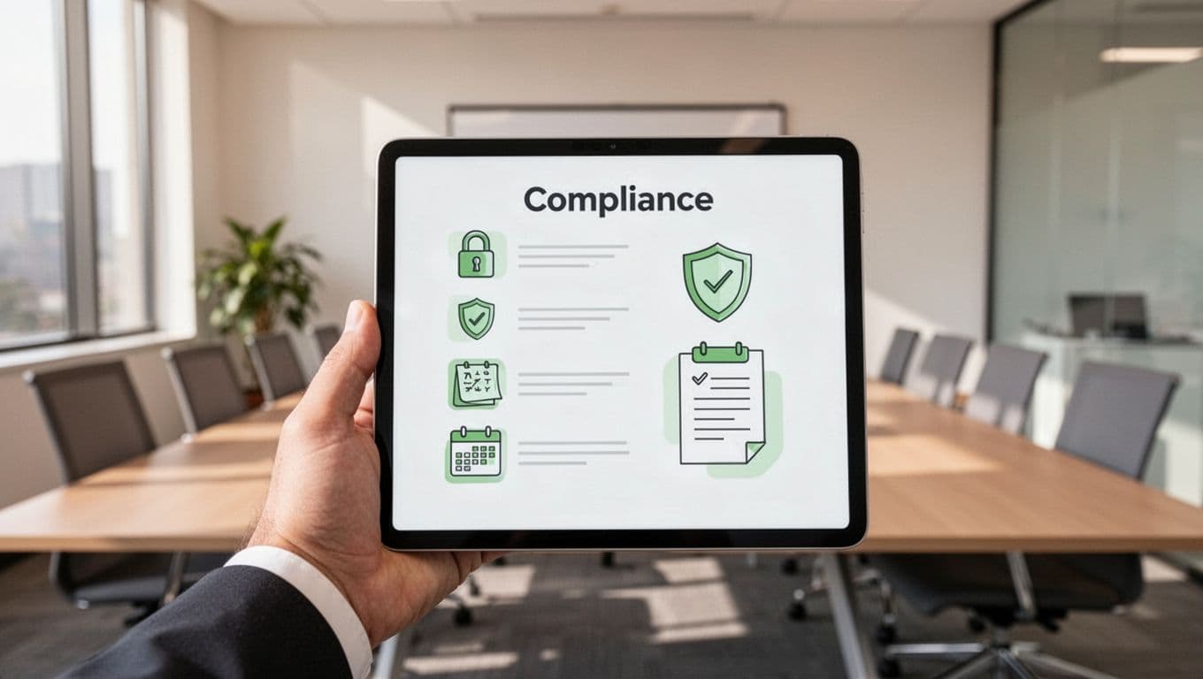 Hand holds tablet showing compliance checklist icons for encryption lock, access shield, retention calendar, and contract in conference room.