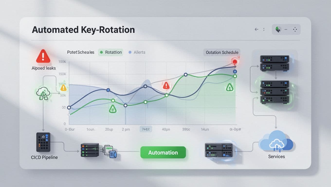 Modern illustration of an automated API key rotation system dashboard featuring graphs for rotation schedules, leak alerts, CI/CD integrations, connected server rack and cloud icons, clean shapes, controlled colors with green accents, strong composition, and dynamic lighting.