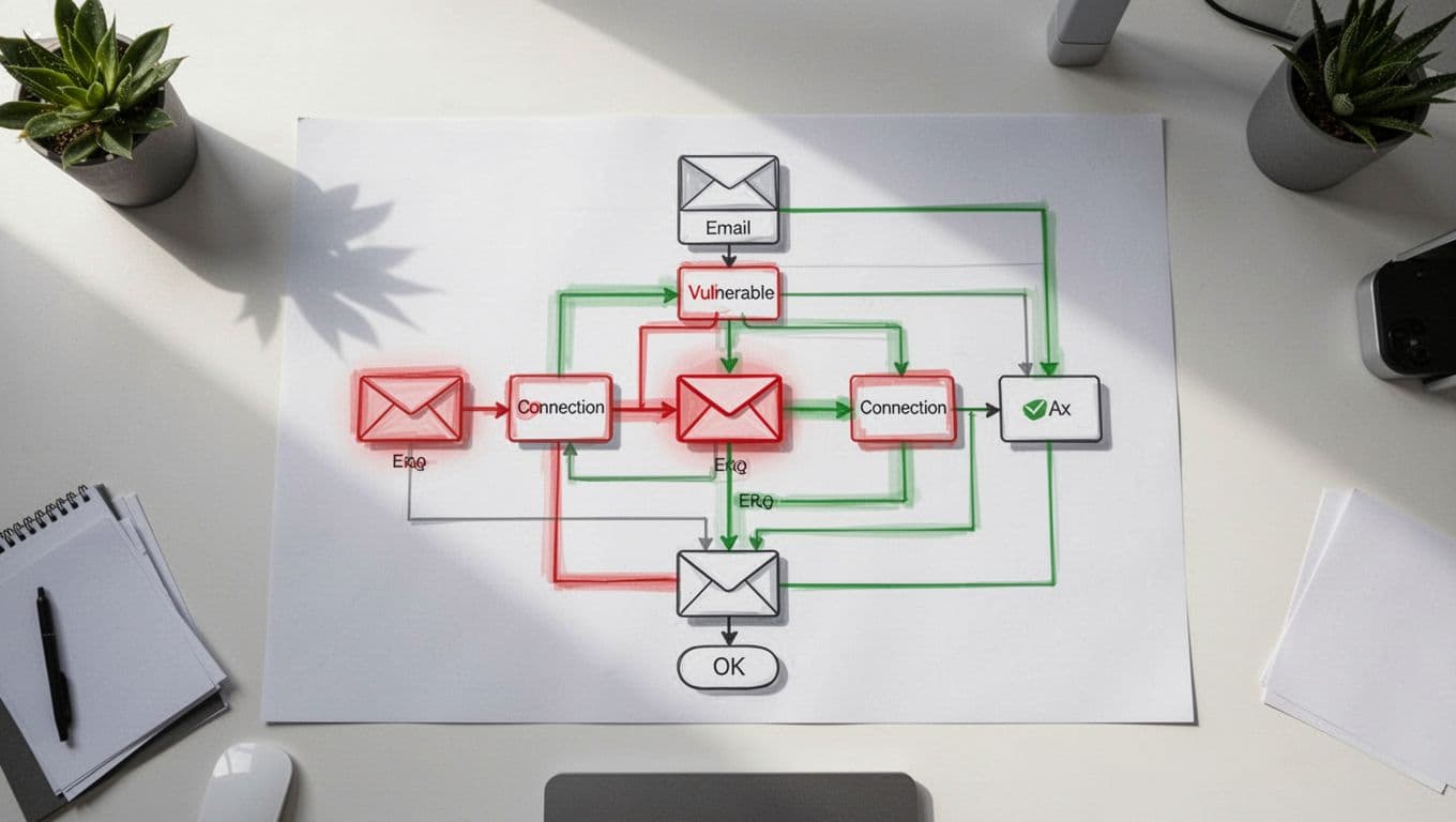 Modern top-down illustration of a flowchart on a simple office desk showing an automated marketing email workflow, with red highlights on vulnerable API integrations, behavioral triggers, and lead scoring nodes, and green for secure paths.