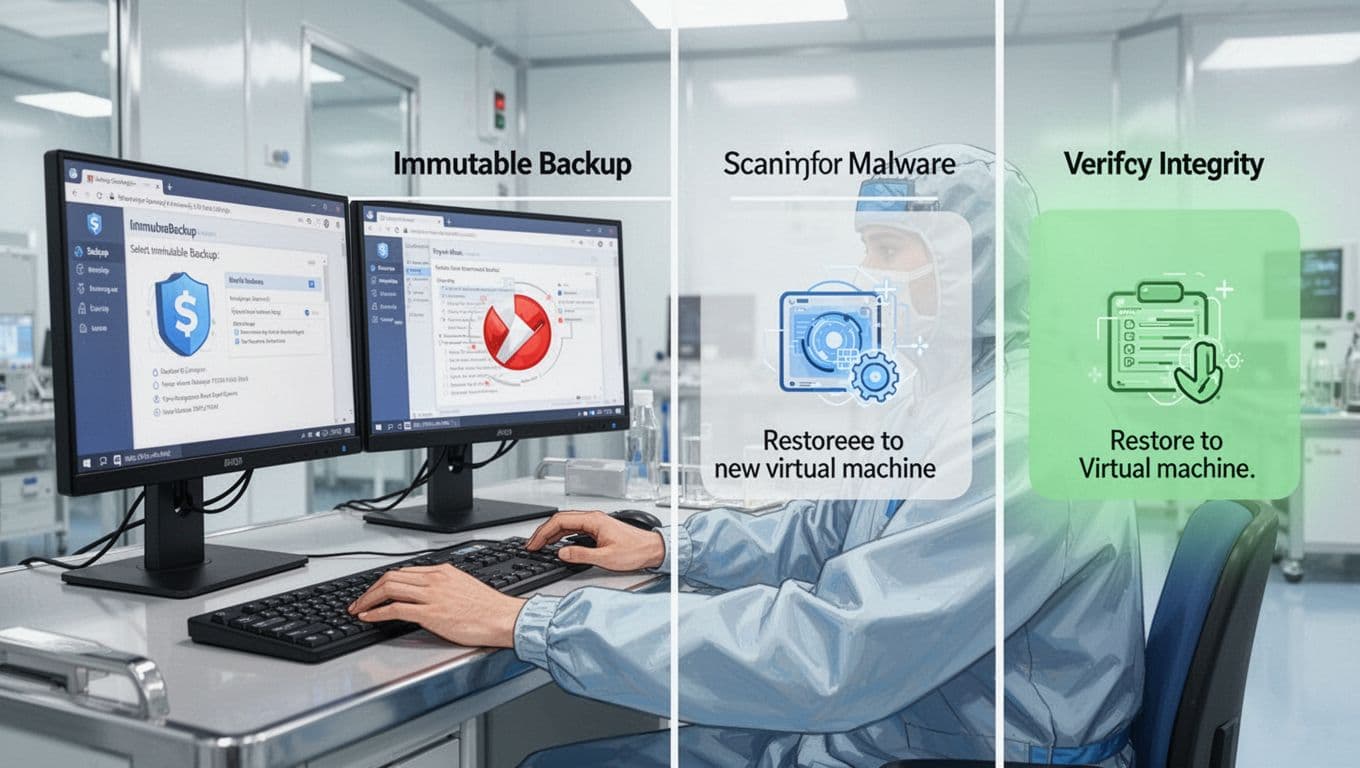 Technician at dual-screen workstation in cleanroom shows left-to-right sequence: selecting backup, malware scan, VM restore, data verification.
