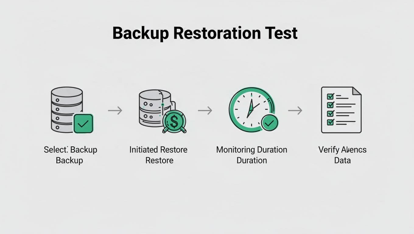 Modern illustration showing a flowchart with simple icons representing backup restoration testing steps: backup selection, initiate restore, monitor time, and verify data. Clean shapes, controlled colors, strong composition using #22C55E accents on neutral background.