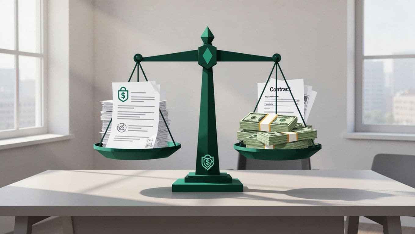 Modern illustration of a balance scale comparing security documents against stacks of money and contract papers, with clean shapes, green accents, balanced composition, and office background.