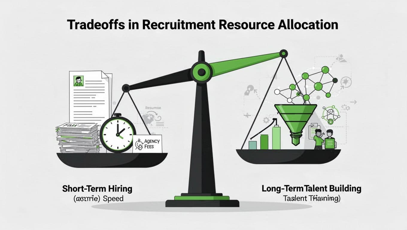Modern illustration of a balance scale tipping between short-term hiring icons (resumes, clock, fees) and long-term talent building (network graph, pipeline, training) in a clean composition with green accents.