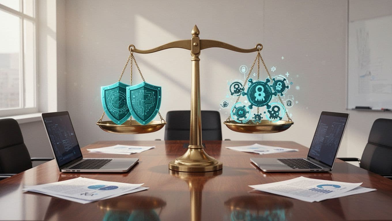 Modern illustration of a balanced scale with cybersecurity shields on one side and risk icons like ransomware on the other, set in a boardroom with documents and two laptops, symbolizing equilibrium between security and deal value.