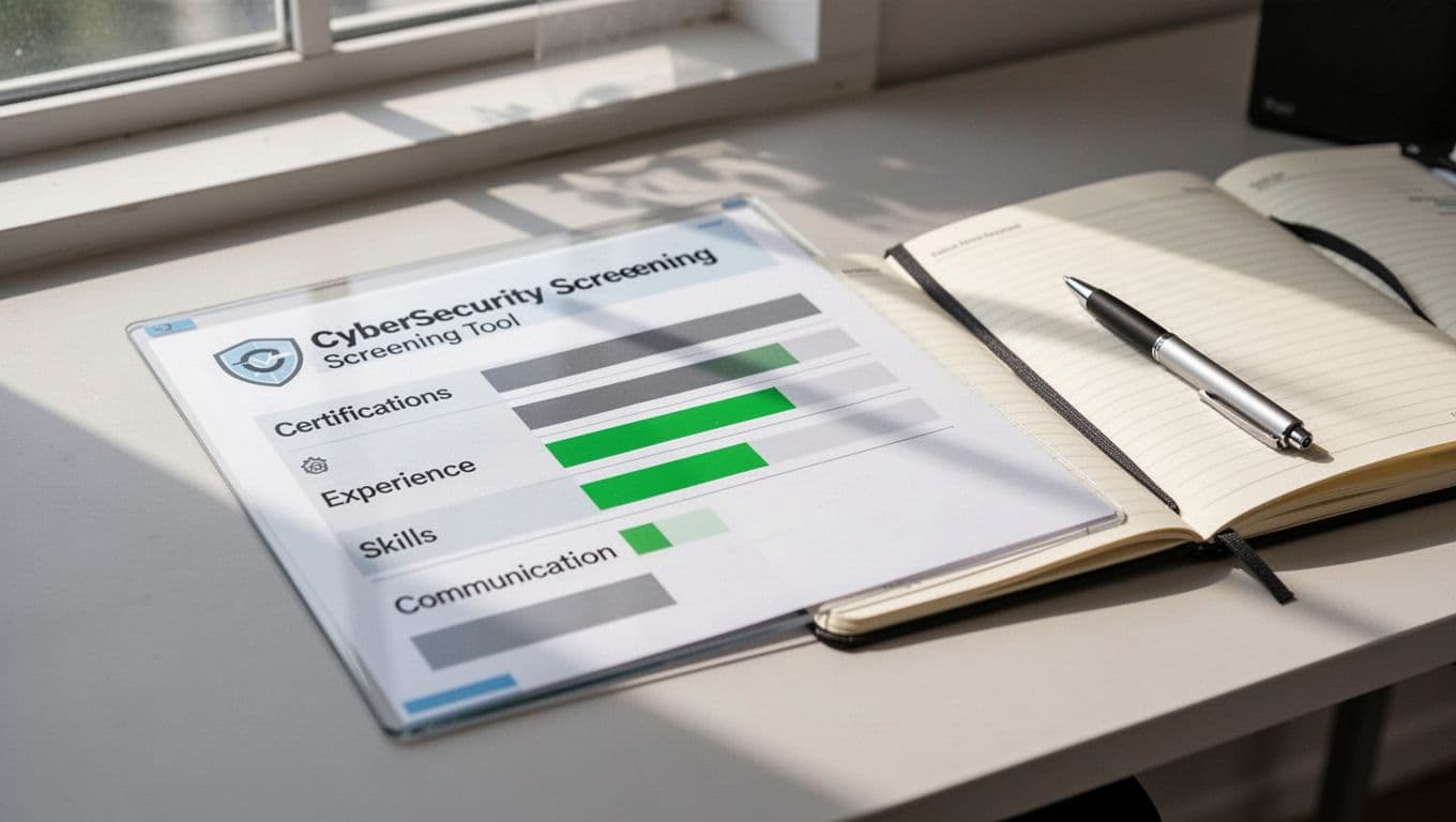 Modern illustration of a balanced screening scorecard for cybersecurity candidates on an office desk, featuring scored sections for certifications, experience, skills, and communication with green accent bars for high scores.