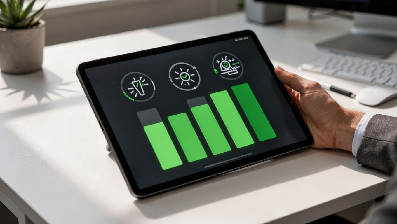 Modern illustration of a balanced evaluation scorecard on a digital tablet showing columns for criteria scores and checks, held by one hand in an office desk setting with clean shapes and soft lighting.