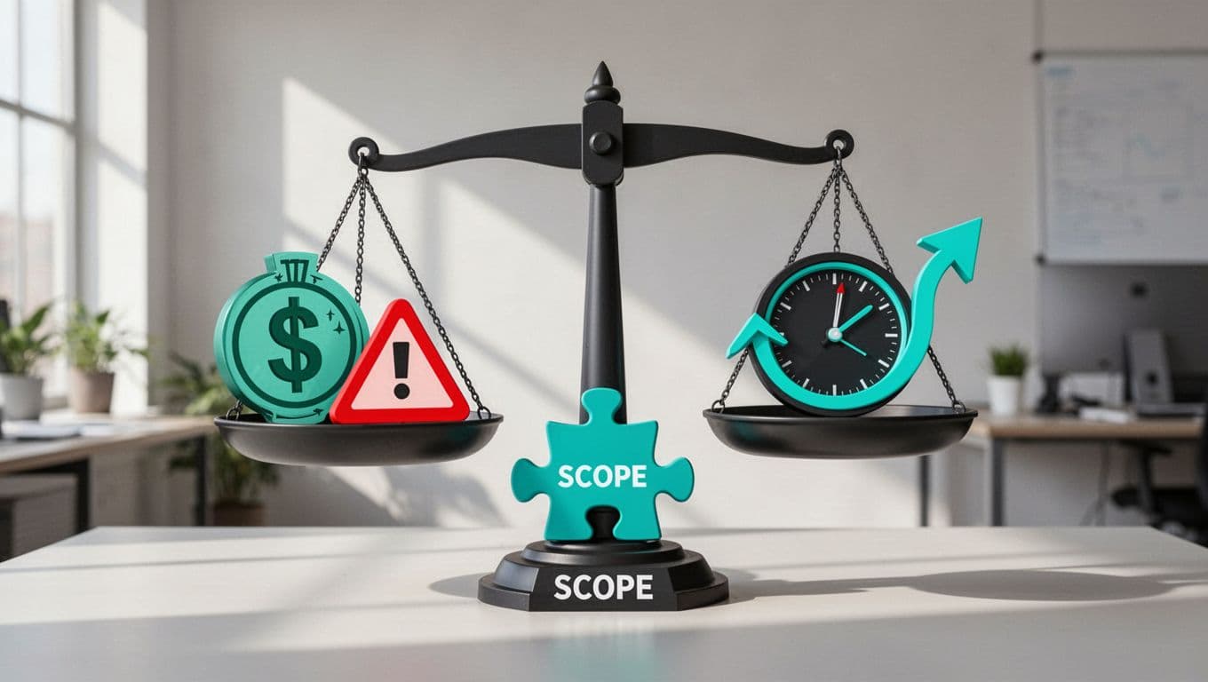 Modern illustration of a balanced scale weighing project factors: budget dollar and risk warning on left, speed clock and flexibility arrow on right, scope puzzle at center fulcrum. Clean shapes with green accents on neutral background.