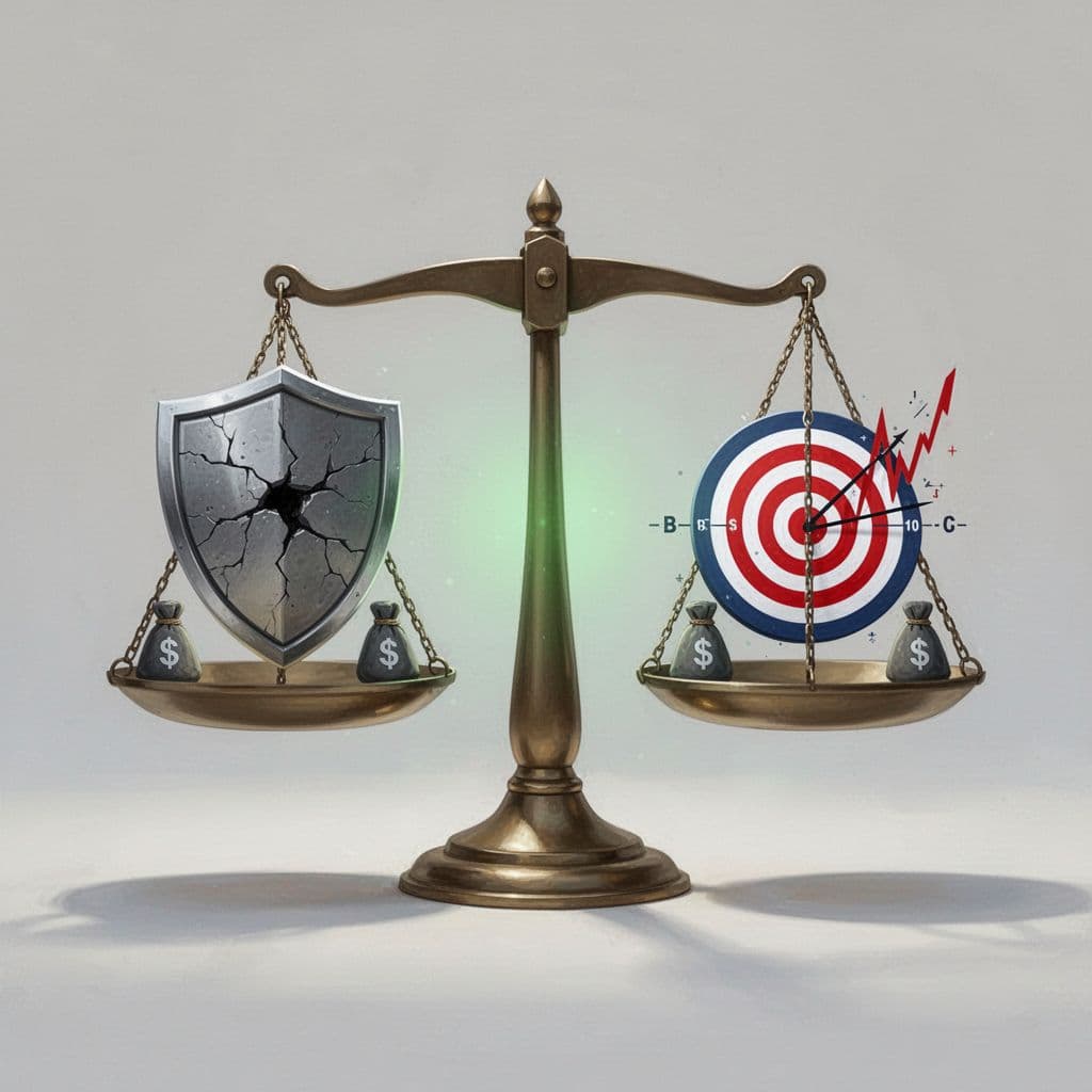 Balanced scales with cracked shield for severity on left pan, dollar-sign target for impact on right, small feasibility weights on both sides, green-highlighted equilibrium.
