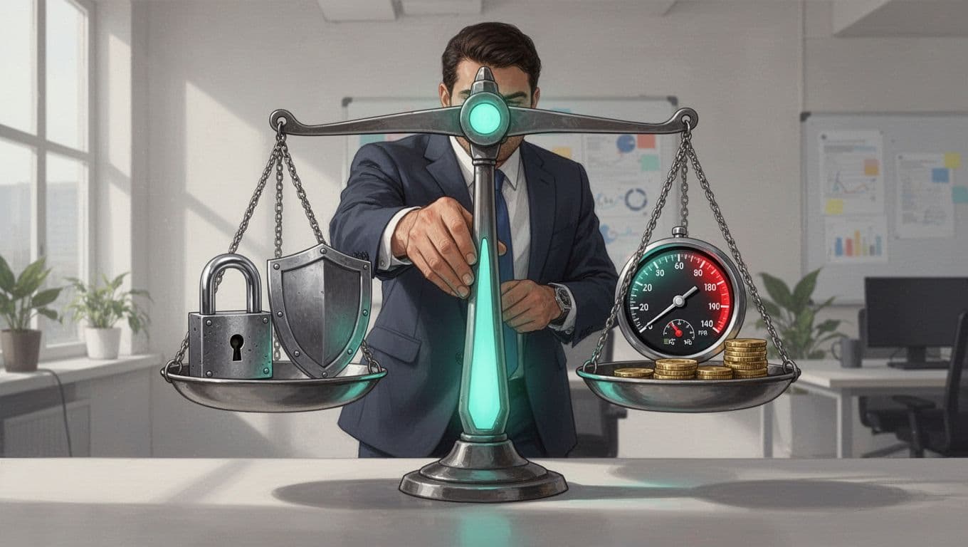 Modern illustration of a balanced scale representing risk tradeoffs, with security icons like lock and shield on one side, business icons like speedometer and dollar sign on the other, adjusted by a program manager in a neutral office background.
