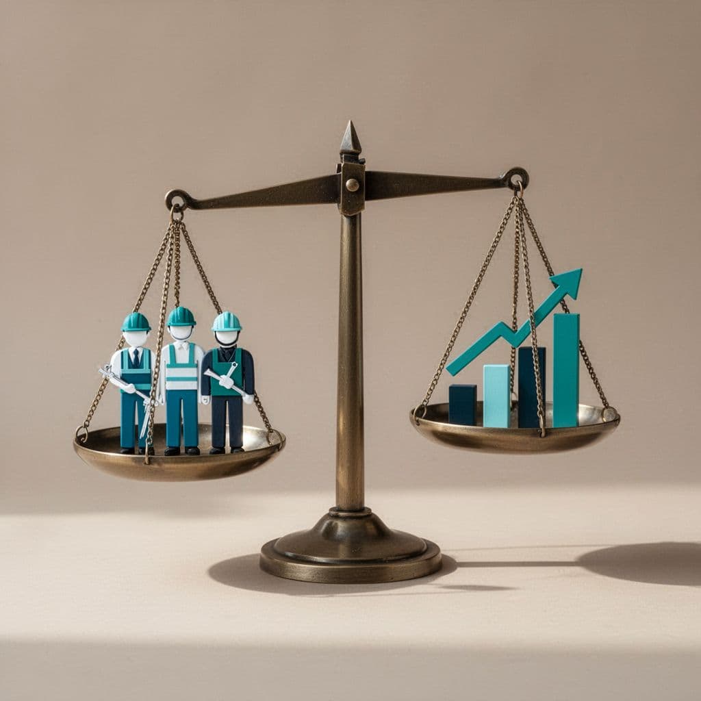 Modern illustration of a balanced scale with bench contractors icons on one side and profit graphs on the other, using clean shapes, controlled colors with #22C55E accents on a neutral background. It illustrates tradeoffs in bench planning for readiness, utilization, and profits.