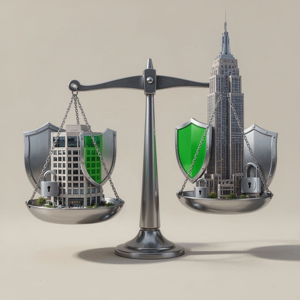 Balanced scale illustration comparing small boutique agency icon against large firm skyscraper, with cybersecurity shields and locks as weights on a neutral background.