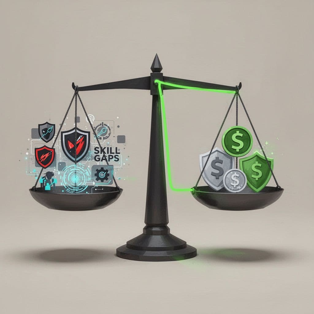 Modern illustration of a balanced scale showing human risk factors like phishing icons and training gaps on one side, and business outcomes like revenue protection and compliance shield on the other, with a green accent highlighting their connection.
