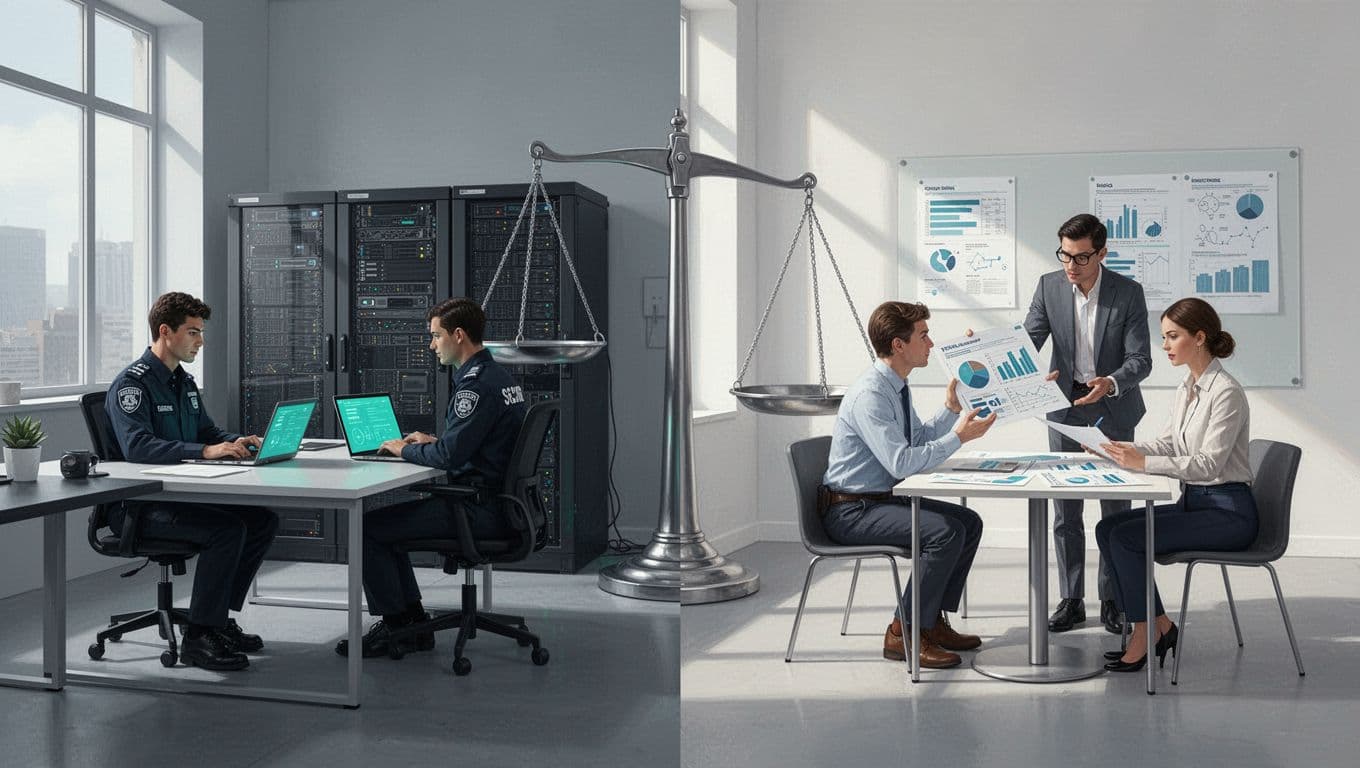 Balanced scale shows two internal security members at desks with laptops and servers on one side, two consultants discussing charts in a meeting room on the other.