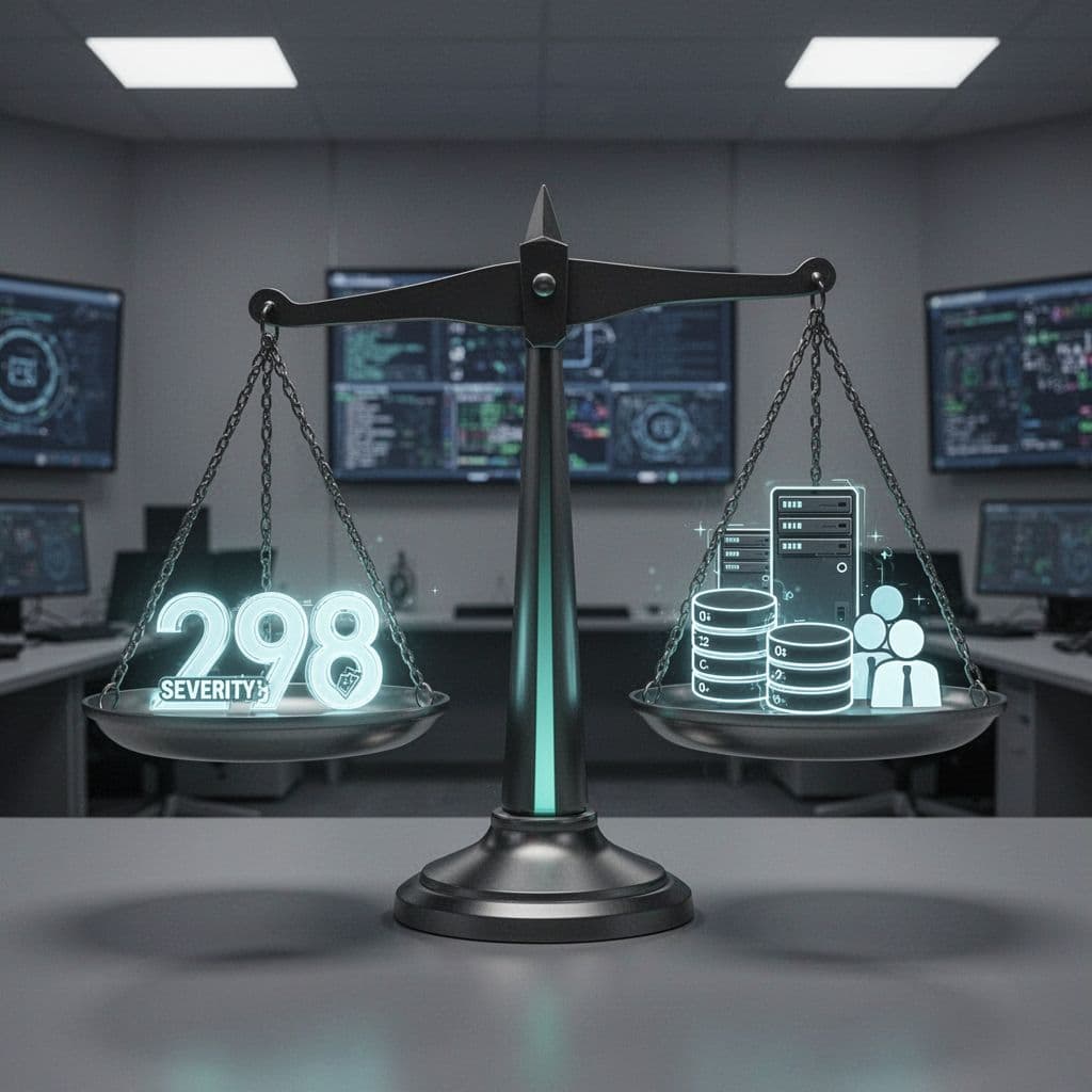 Balanced scale in secure operations center weighs CVSS scores on one side against server, database, and user icons on the other.
