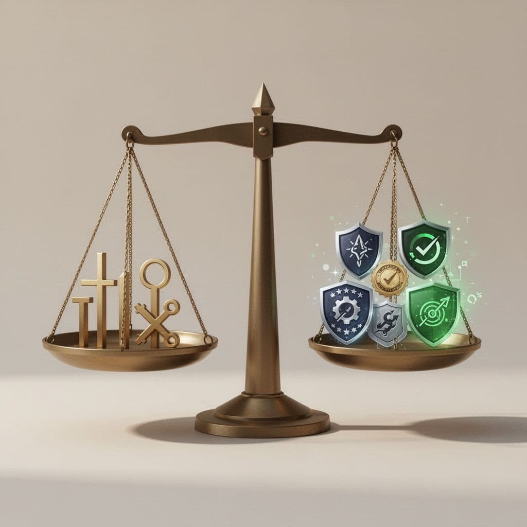 Modern illustration of balanced scales comparing tenure icons against skills badges and impact metrics for fair promotion decisions. Clean shapes with controlled colors, green accents on skills side, simple side-by-side composition on neutral background.