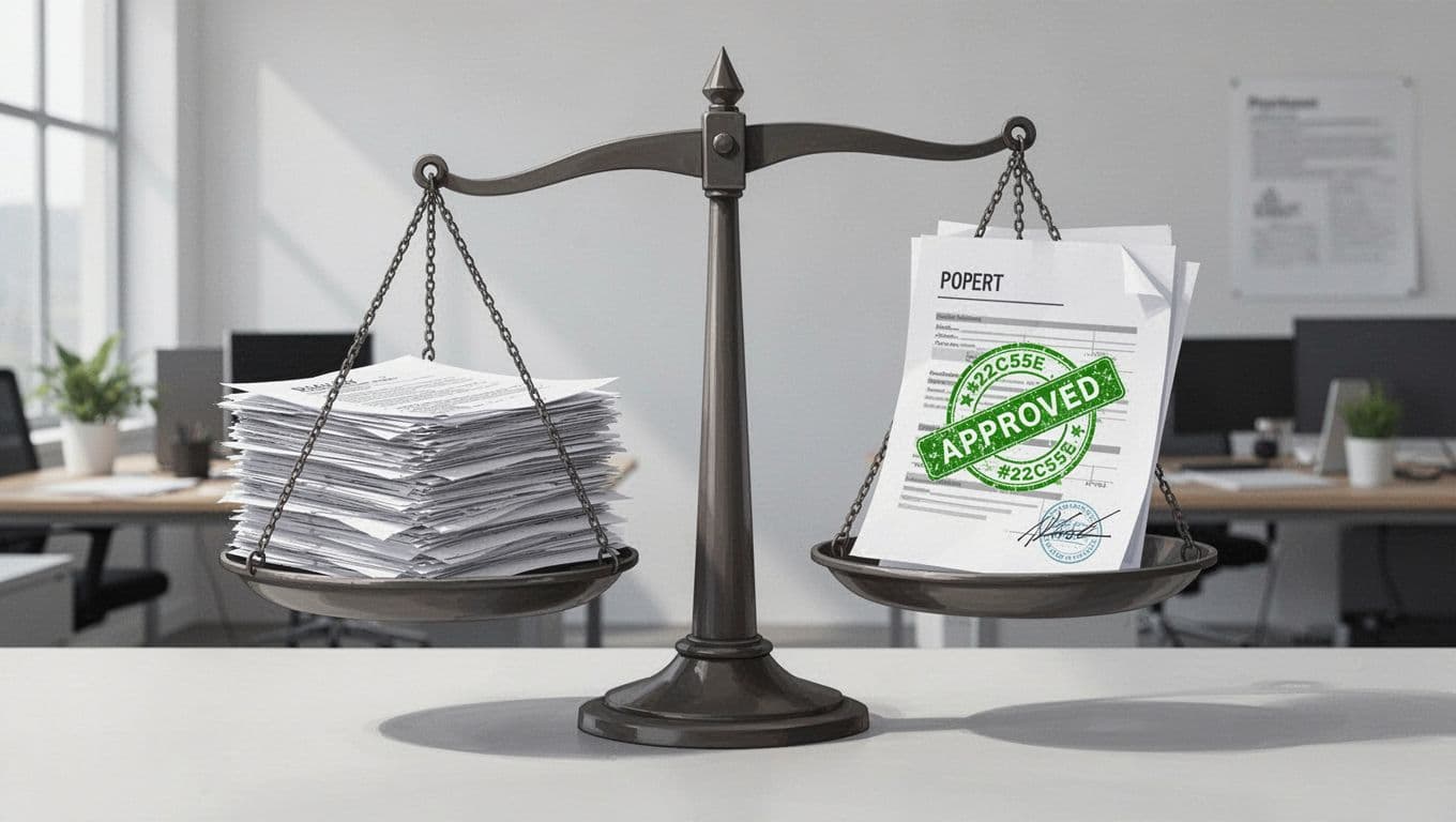 Modern illustration of balanced scales with vendor brochures and logos on one side and a detailed approved independent report on the other, against a neutral office background.