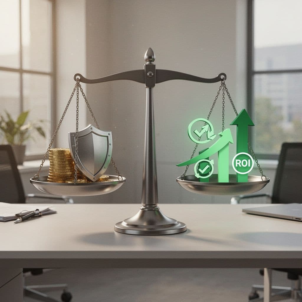 Balanced scale on office desk with dollar signs and shields on one side, reduced risk icons and growth arrows on the other.