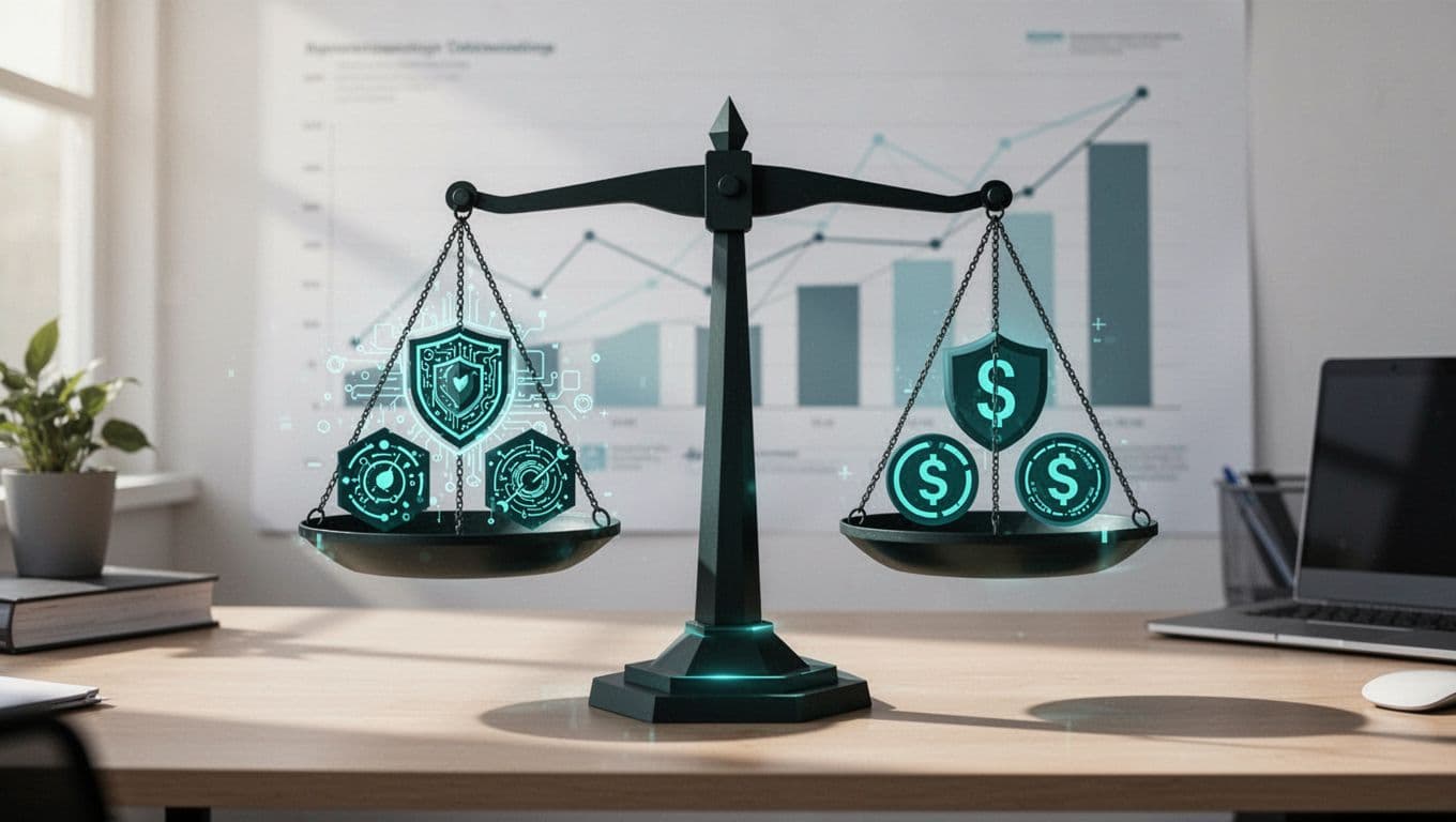 Balanced scale on office desk weighs cybersecurity icons against financial icons with charts in background.