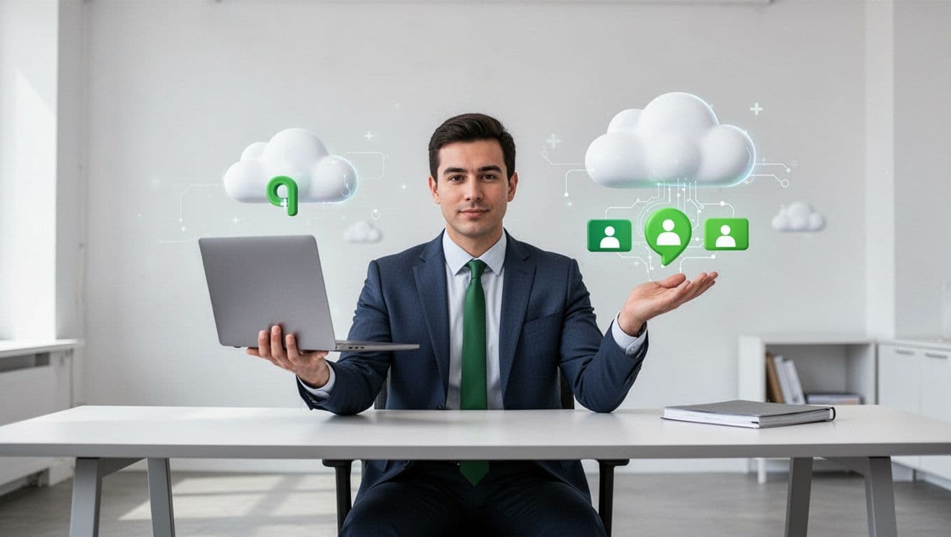 Professional illustration of one person at a modern desk balancing technical tools like laptop and cloud icons with soft skills icons like speech bubbles and handshakes, clean shapes, accented by green tones.