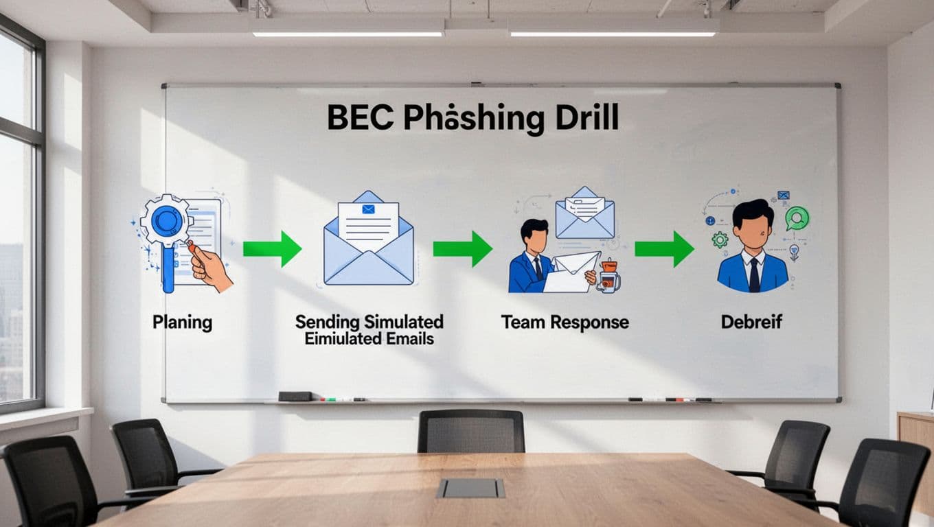 Modern illustration depicting a step-by-step BEC phishing drill workflow with icons for planning, fake email sending, team response, and debrief, sequenced left to right on a whiteboard in a bright conference room using clean shapes and green arrows.