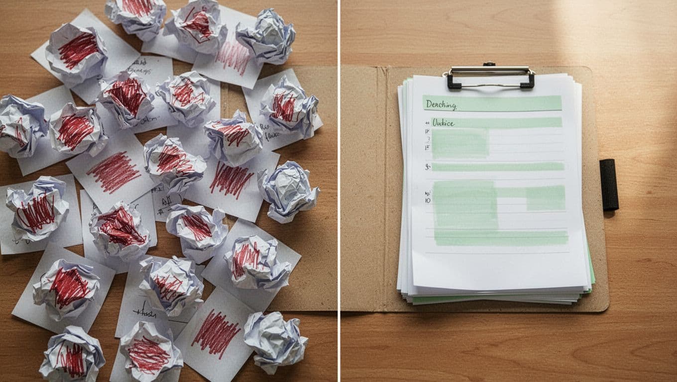 Split vertical illustration contrasting left-side cluttered desk with crumpled papers and red scribbles for chaotic biased feedback against right-side tidy folder with neat green sheets for structured unbiased feedback, modern clean style from top-down view.