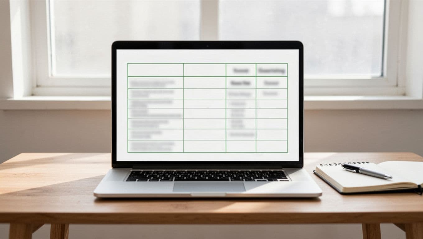 A clean digital spreadsheet on a laptop screen displays a blank comparison table template for security consultant proposals, set in a bright minimalist workspace on a wooden desk with a notebook and pen nearby.