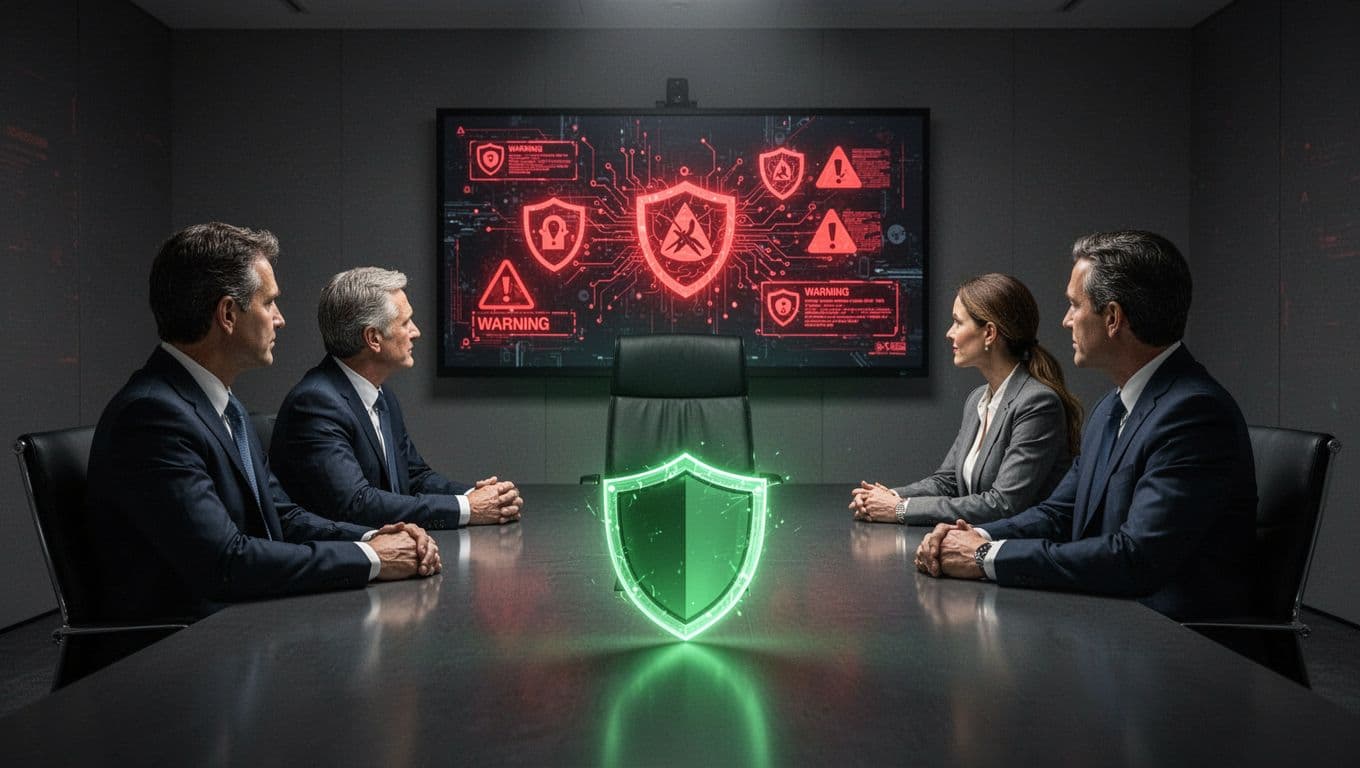 Modern illustration of four executives in business attire at a corporate boardroom table, viewing red cyber threat icons on a large screen, with an empty high-back chair at the head signifying absent cybersecurity leadership.