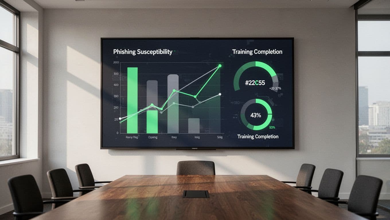 Modern illustration of a professional dashboard on a large boardroom screen displaying charts for human risk metrics like phishing susceptibility rate dropping over quarters, training completion bars, and risk score line graph with positive trends.