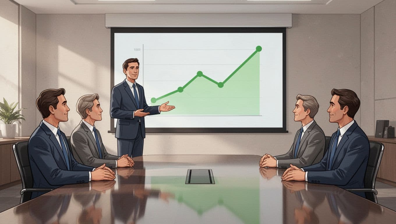 Business professional stands presenting abstract green trend graph on screen to three seated executives around conference table.