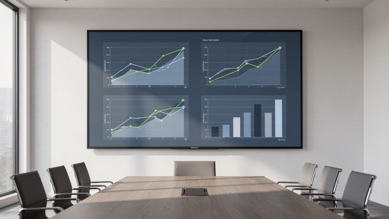 Large central screen displays four simple security charts amid neutral boardroom table and chairs.
