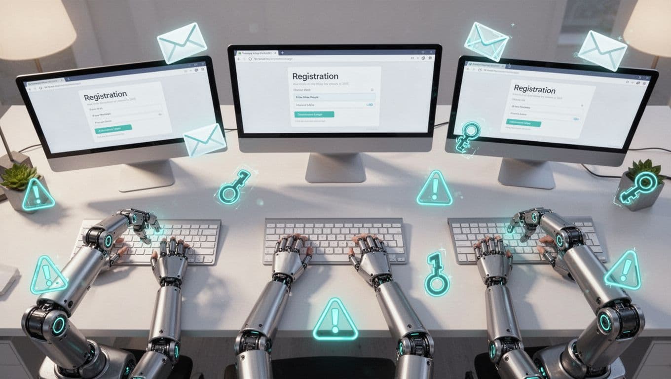 Three robotic arms type rapidly on keyboards before screens showing signup forms, with fake emails and passwords flying chaotically.