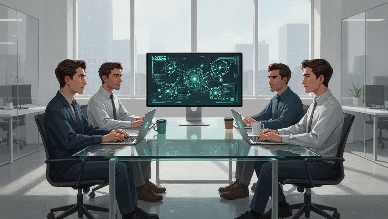A small team of three cybersecurity experts collaborates around a shared screen displaying network diagrams in a modern open office, with relaxed poses, laptops, and coffee mugs nearby.