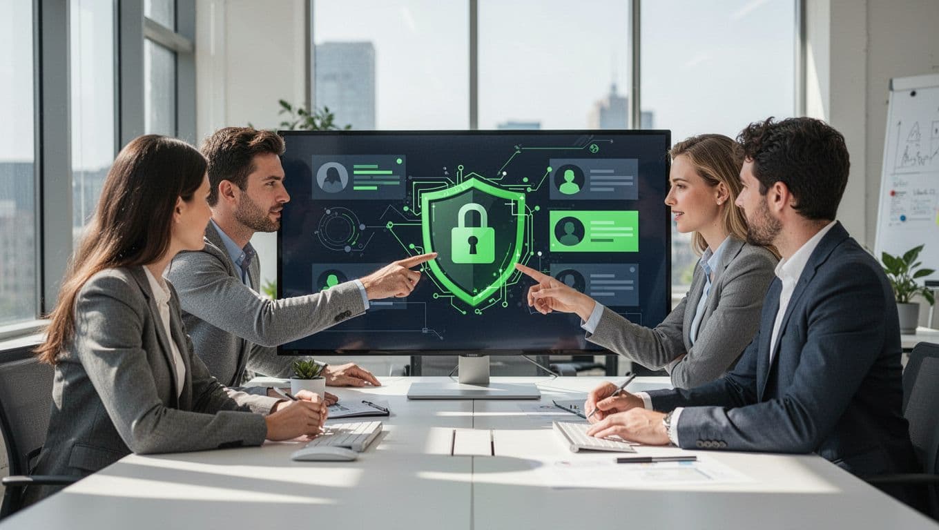 Modern illustration of exactly three recruiters in a bright, contemporary office discussing candidate profiles on a shared screen, with one pointing to a cybersecurity shield-and-lock icon. Emphasizes personalized boutique recruitment process using clean shapes, controlled colors accented in green, and strong composition.