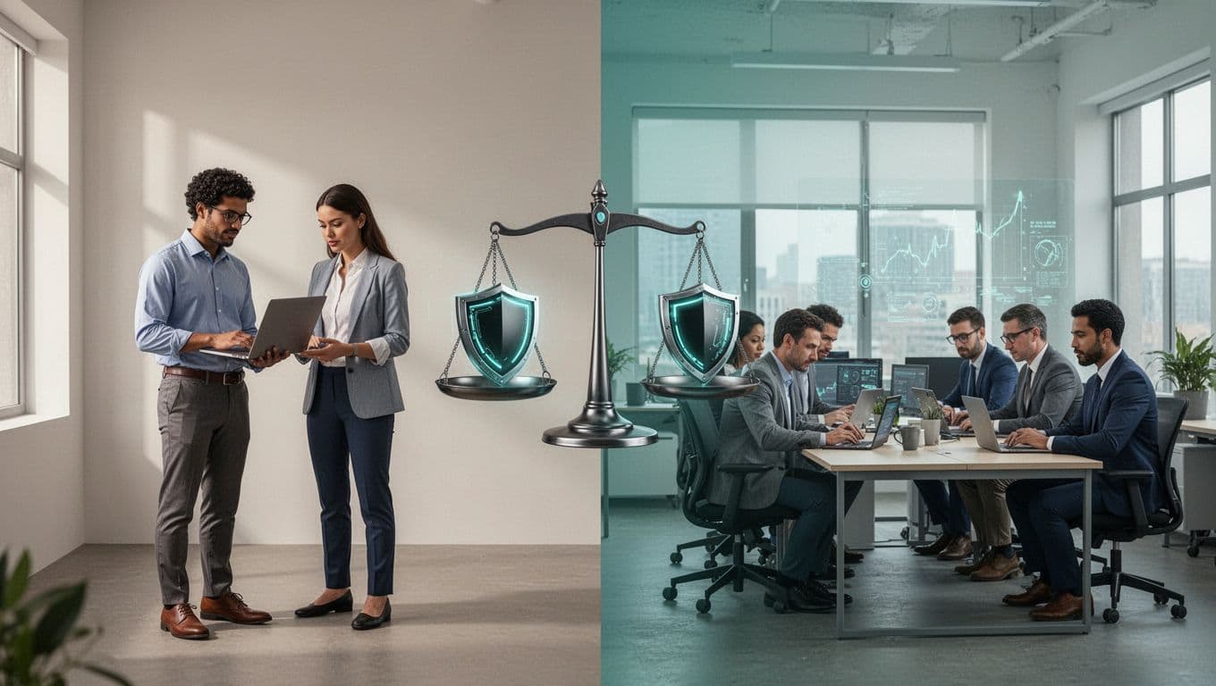 Side-by-side split-scene illustration showing a small boutique cybersecurity firm team of two agile, focused individuals on the left versus a large Big Four firm team of five people operating at global scale on the right, with cybersecurity shield icons and a balanced scale in the center using #22C55E accents.