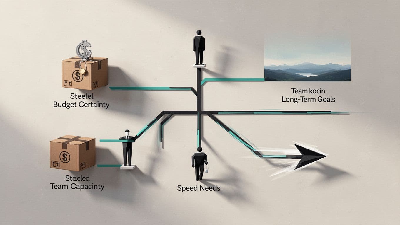 Modern illustration of a decision tree for project choices, branching into budget certainty, team capacity, long-term goals, and speed needs.