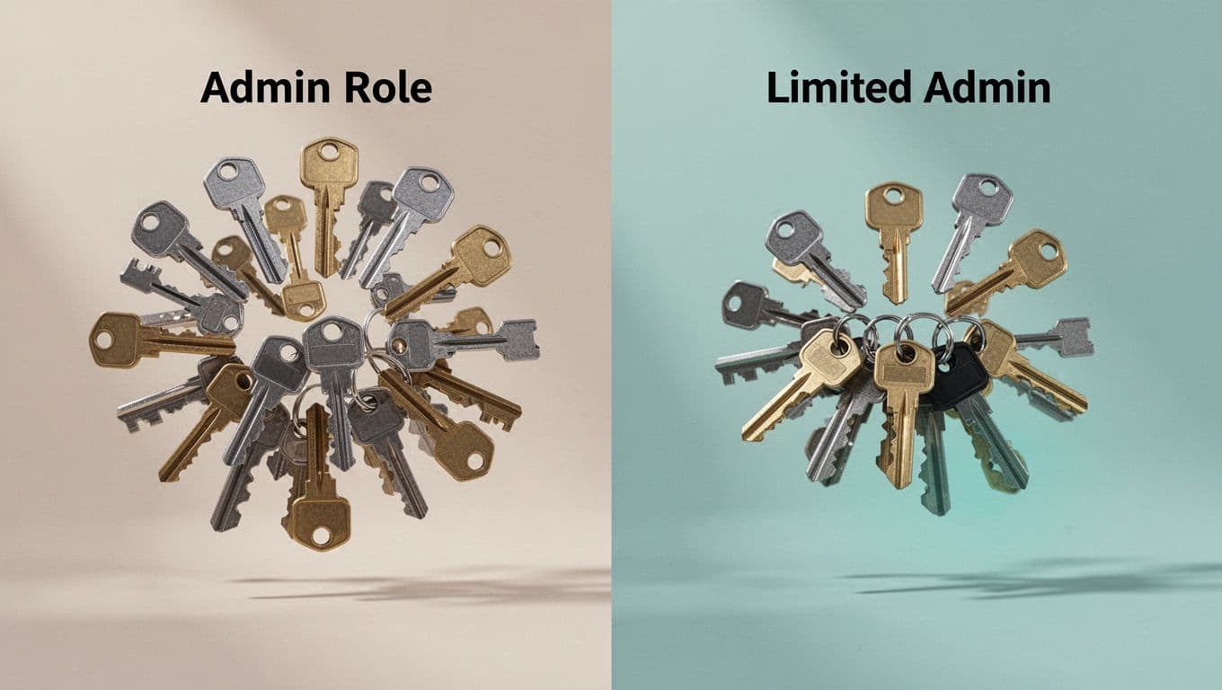 Side-by-side icons contrast broad admin role with many keys unlocking padlocks against limited role with few keys in green.