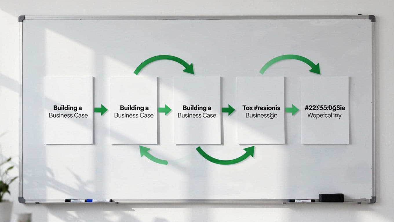 Whiteboard shows five-step flowchart for building business case, numbered boxes connected by green arrows.