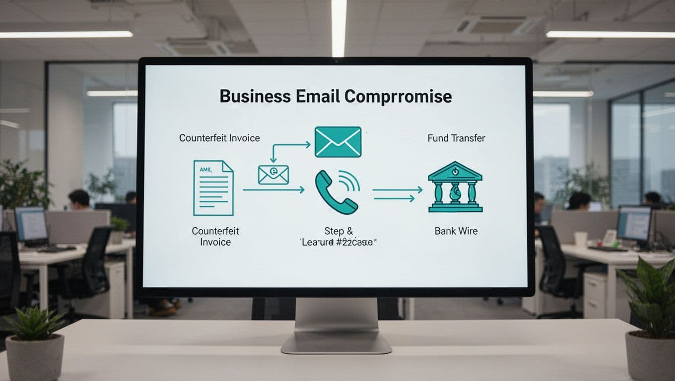 Modern illustration featuring a flowchart on a digital screen showing Business Email Compromise (BEC) steps from fake invoice to fund transfer, with simple icons for email, phone, and bank wire in an office background.