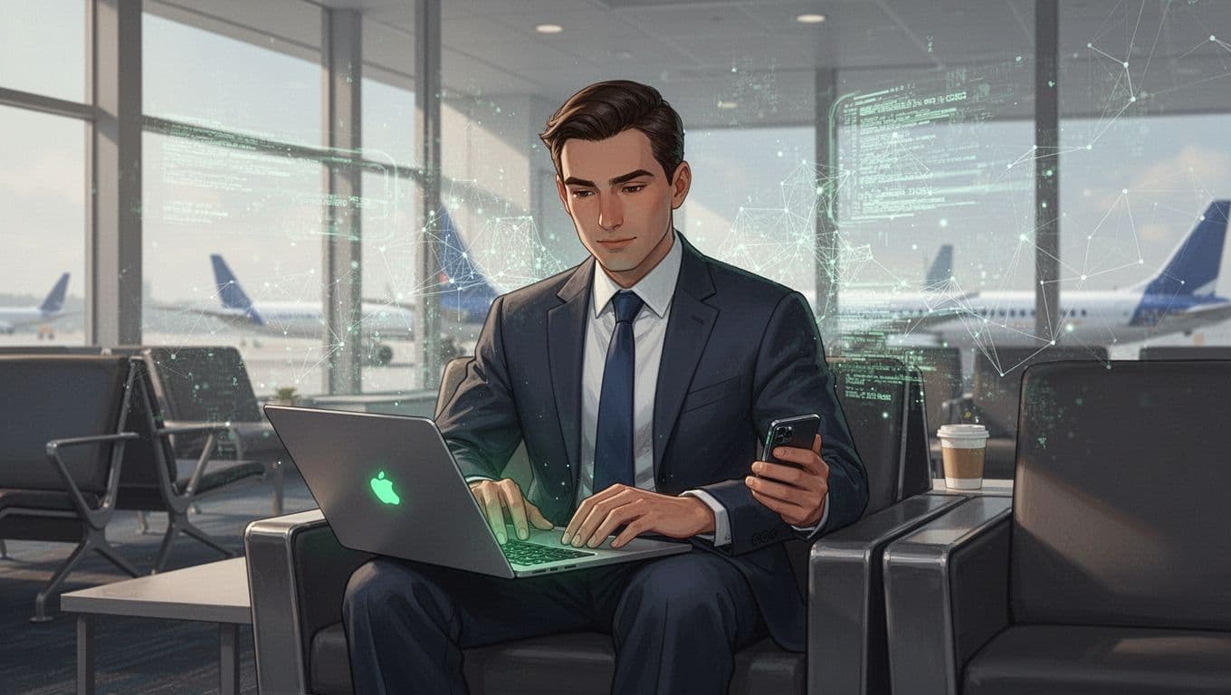 A business executive in an airport lounge focuses on a laptop and phone, surrounded by subtle cyber intrusion visuals like faint network breach icons, emphasizing vulnerabilities during international travel. Modern illustration with clean shapes, controlled colors, and green glow on device screens.