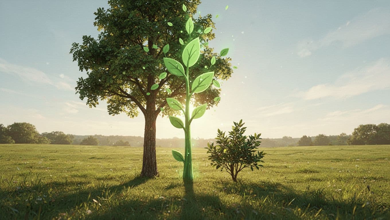 Modern illustration of a tall thriving tree symbolizing fast business growth bursting upward in a sunny field, contrasted with a small lagging shrub representing a partner unable to keep up.