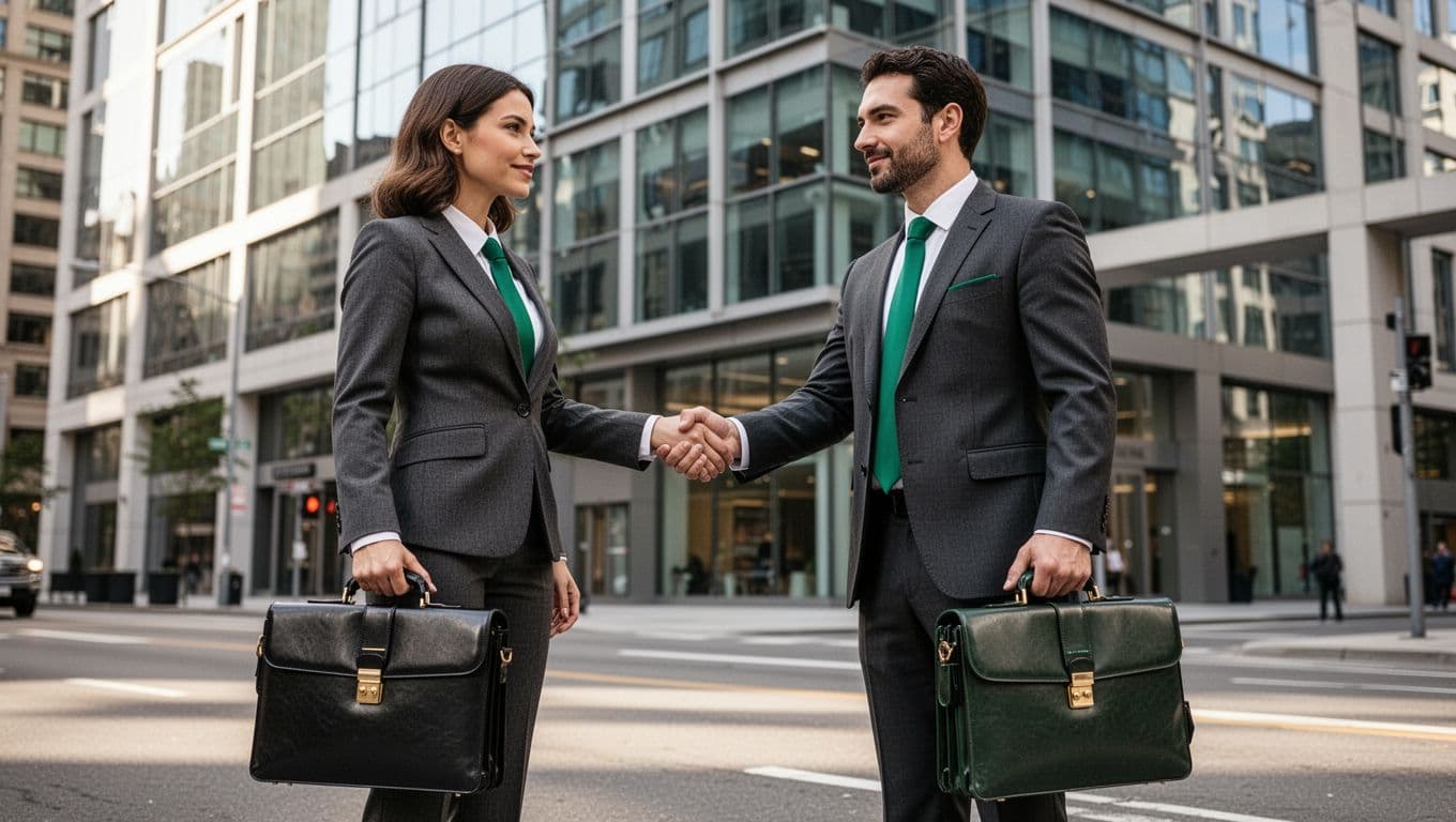 Modern illustration of a business professional shaking hands with a cybersecurity consultant outside a city office building, briefcases in hand, urban street background.