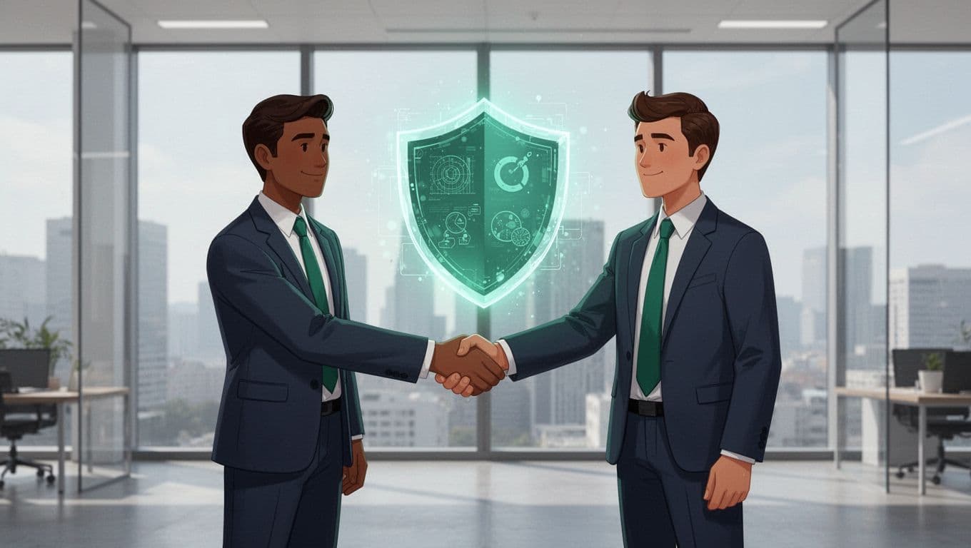 Modern illustration of two business professionals shaking hands firmly over a glowing digital shield protecting data icons in a modern office with soft natural lighting.