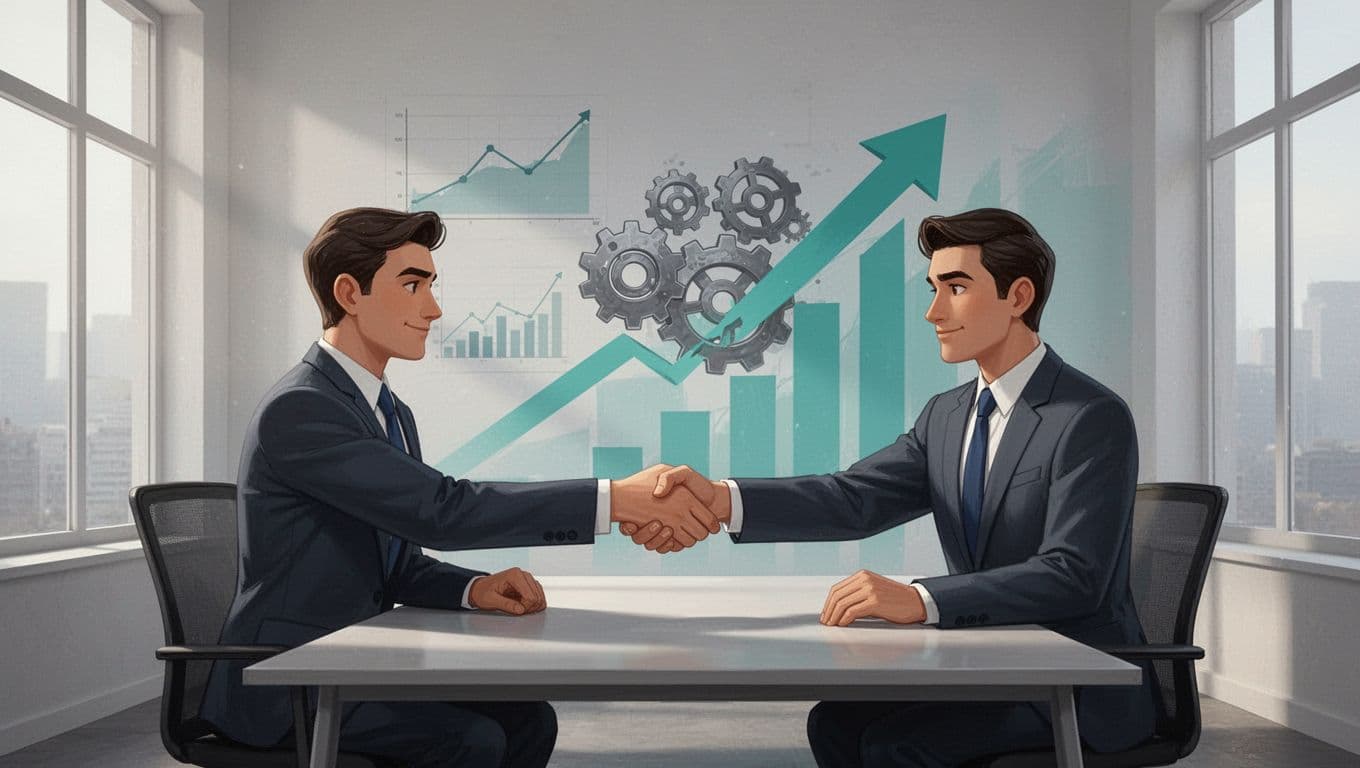 Modern illustration featuring two business professionals shaking hands firmly over a table with expanding charts and gears symbolizing scalability, set in an office with growth arrows in the background and #22C55E accents on charts.