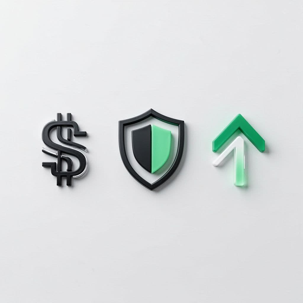 Dollar sign, shield, and upward arrow icons arranged simply on white background with green accents.