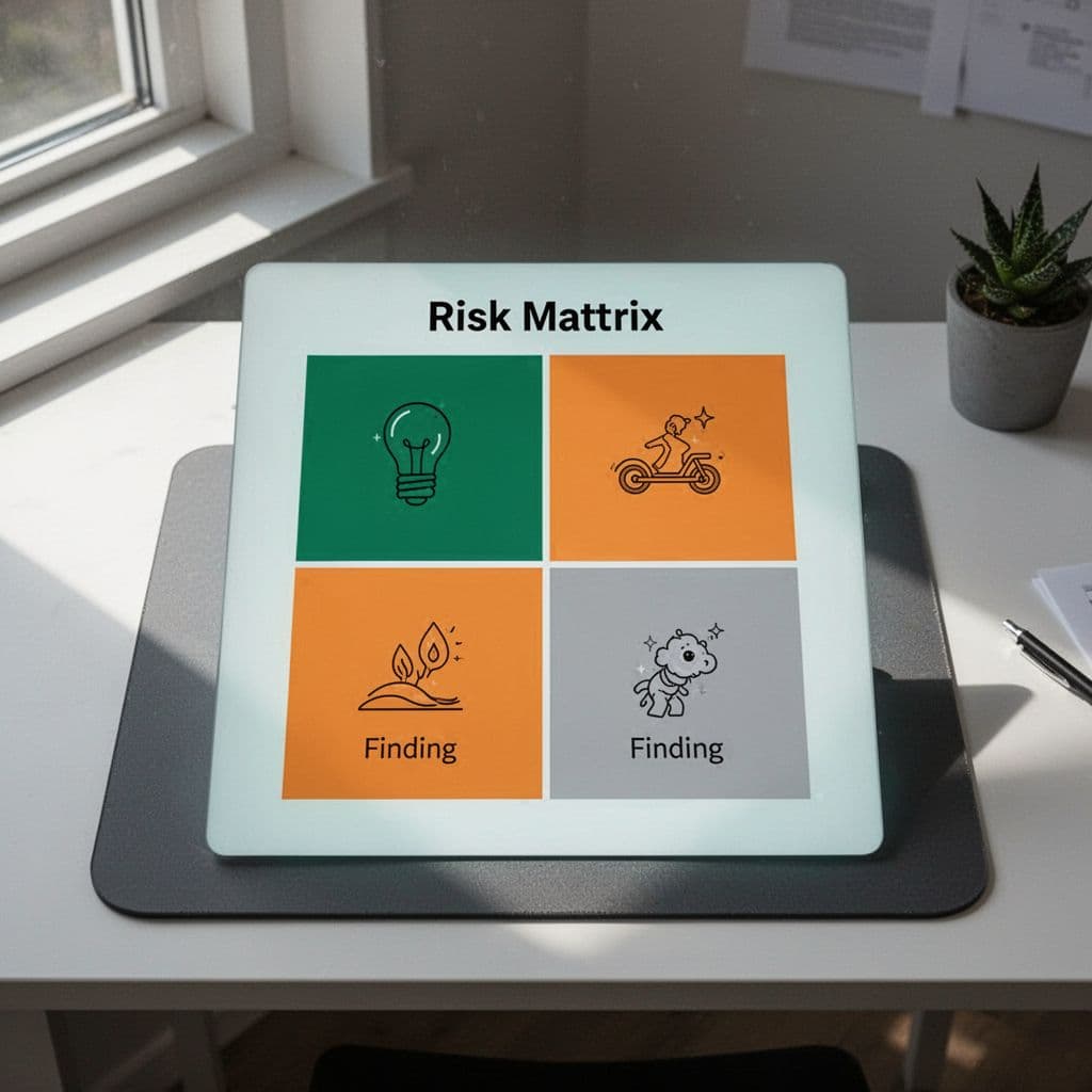 Modern 2x2 grid illustration of a risk prioritization matrix with likelihood (low to high) and impact (low to high) axes, featuring green high-risk, orange medium-risk, and gray low-risk quadrants with simple icons, displayed on a clean desk with soft natural lighting.